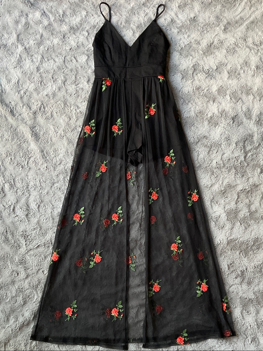 Black Floral Mesh Wide-Leg Jumpsuit with Red Rose Embroidery